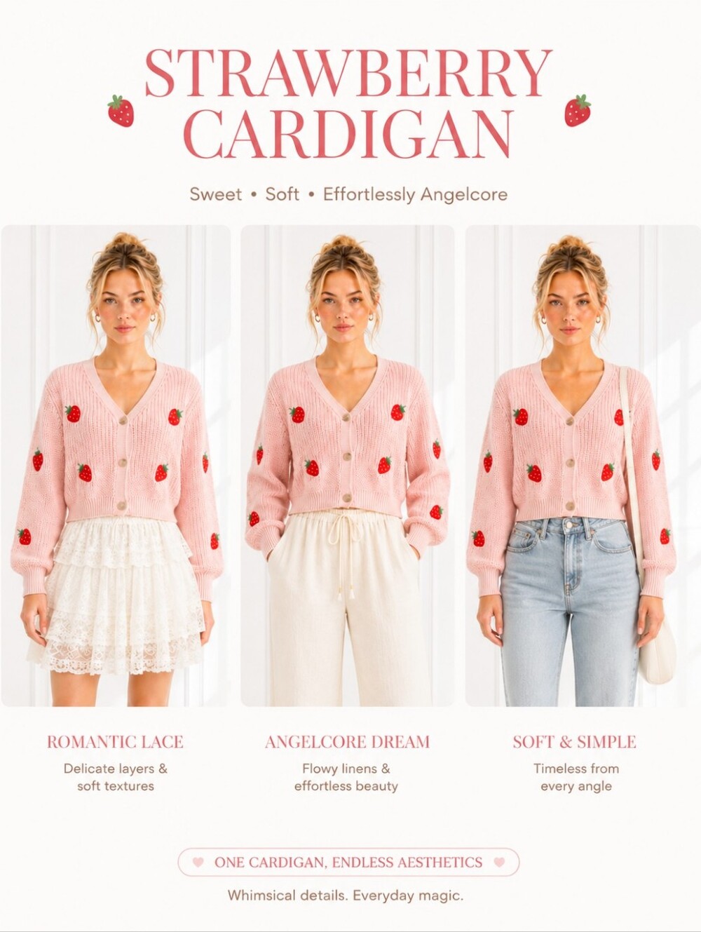 Strawberry Button Front Knit Cardigan Sweater Pink Cropped Cottagecore Size M - Picture 3 of 8
